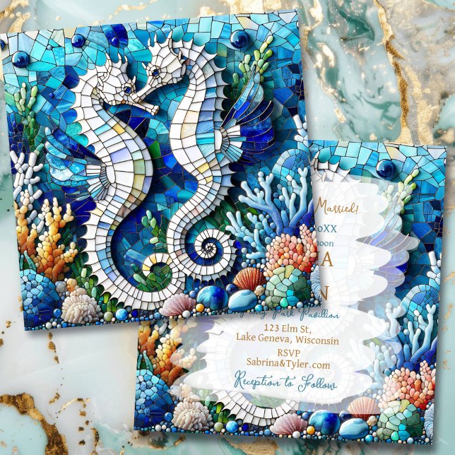 Mosaic Seahorses Romantic Beachy Invitation (Creator Uploaded)