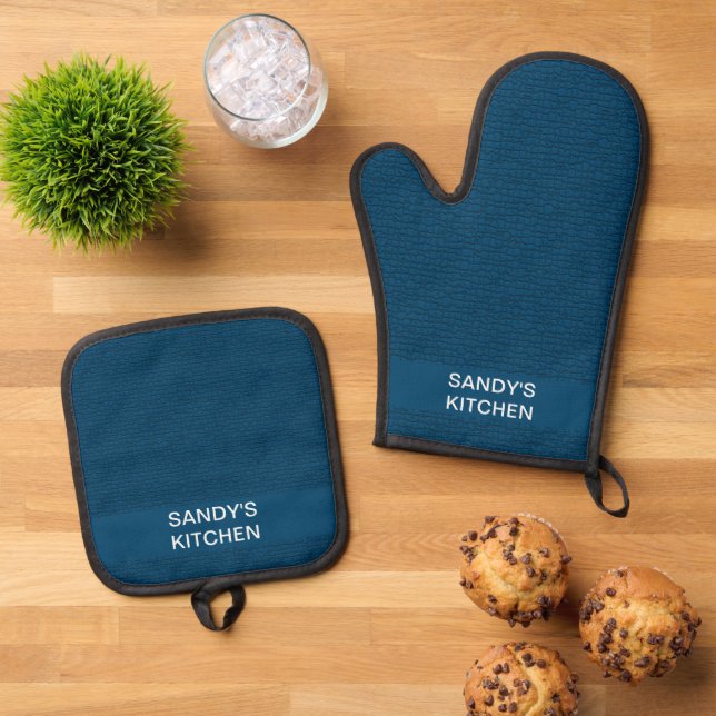 Mosaic Solid Blue Textured Pattern Oven Mitt & Pot Holder Set (Top Down)