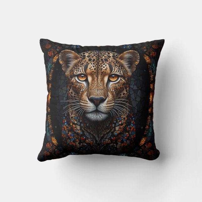 Mosaic Stained Glass Cheetah Portrait  Cushion (Back)
