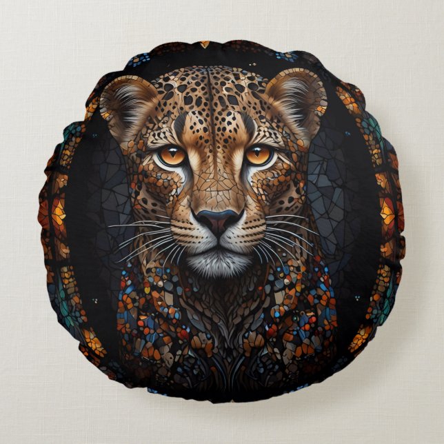 Mosaic Stained Glass Cheetah Portrait  Round Cushion (Front)