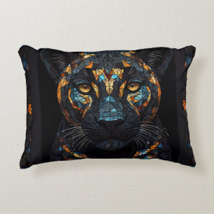 Mosaic Stained Glassed Black Panther Portrait Decorative Cushion