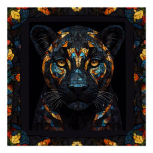 Mosaic Stained Glassed Black Panther Portrait Poster