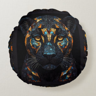 Mosaic Stained Glassed Black Panther Portrait  Round Cushion