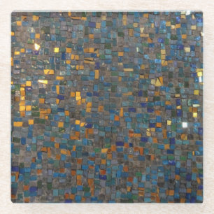 Mosaic Stones in Blue and Gold Glass Coaster
