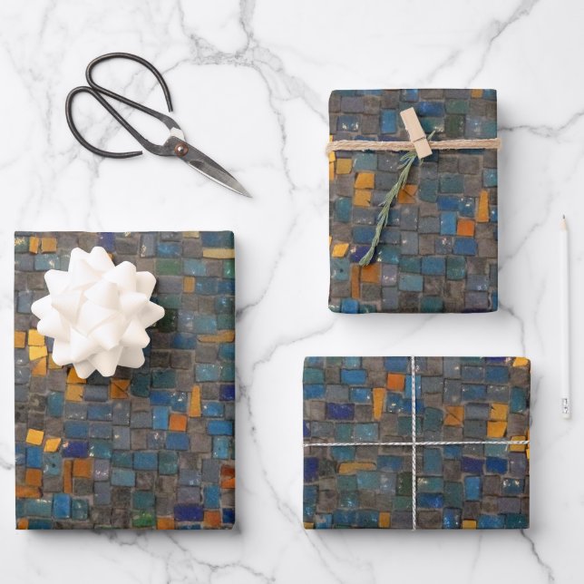 Mosaic Stones in Blue and Gold Wrapping Paper Sheet (Front)