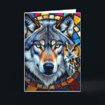 Mosaic Style Owl and Wolf | Happy Birthday Card<br><div class="desc">Birthday card you can personalise. An abstract mosaic style ai illustration of a wolf with blue eyes and a n owl wildlife themed birthday card.</div>