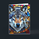 Mosaic Style Owl and Wolf | Happy Birthday Card<br><div class="desc">Birthday card you can personalise. An abstract mosaic style ai illustration of a wolf with blue eyes and a n owl wildlife themed birthday card.</div>