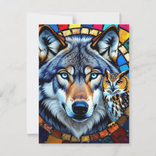 Mosaic Style Owl and Wolf Keeping in Touch Postcard