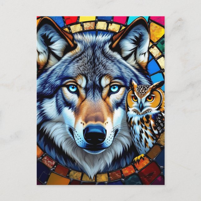 Mosaic Style Owl and Wolf | Keeping in Touch Postcard (Front)
