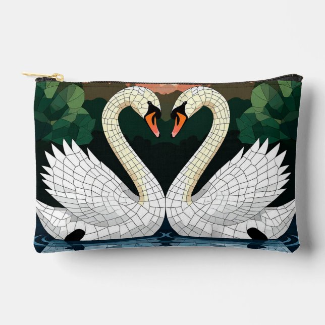 Mosaic Swan Couple Forming Heart Shape Accessory Pouch (Front)