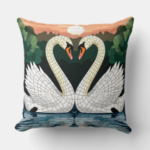Mosaic Swan Couple Forming Heart Shape Cushion