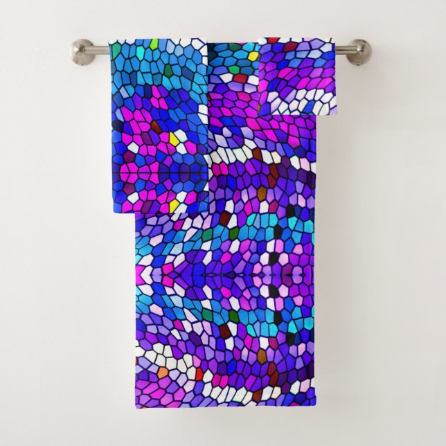 Mosaic Tile Pattern Purple Blue Pink Bath Towels (Insitu)