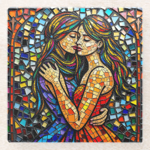 Mosaic Tile Style Ai Art Romantic Embrace Glass Coaster