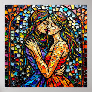 Mosaic Tile Style Ai Art Romantic Embrace Poster