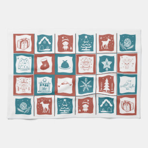 Mosaic Tiled Advent Christmas Green Red Pattern Tea Towel