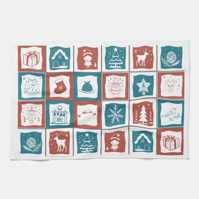 Mosaic Tiled Advent Christmas Green Red Pattern Tea Towel (Horizontal)