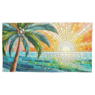 Mosaic Tropical Beach Sunset Palm Art Pillowcase