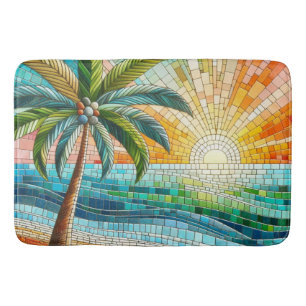 Mosaic Tropical Beach Sunset Palm Tree Bath Mat