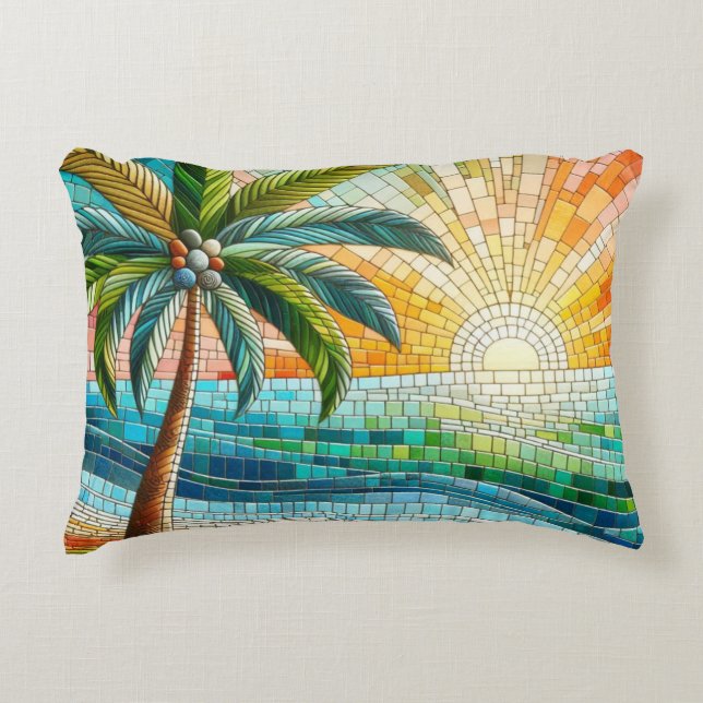 Mosaic Tropical Beach Sunset Palm Tree Decorative Cushion (Front)