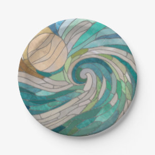 Mosaic Wave and Moon Paper Plate