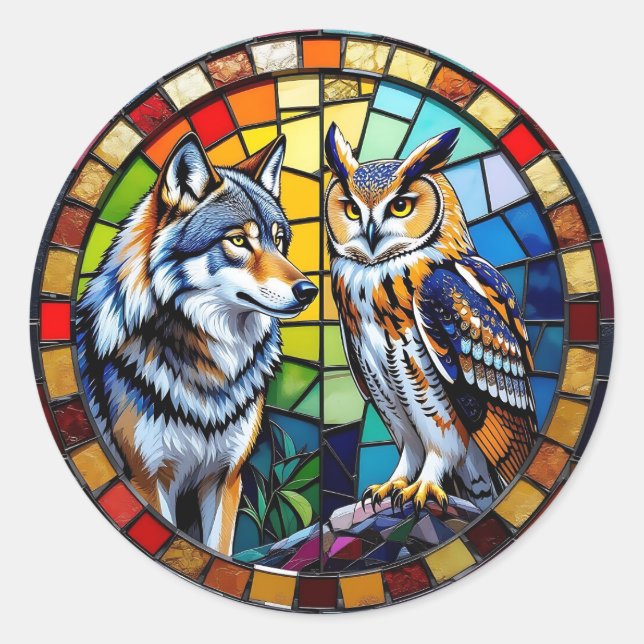 Mosaic Wolf and Owl Vibrant Art Classic Round Sticker (Front)