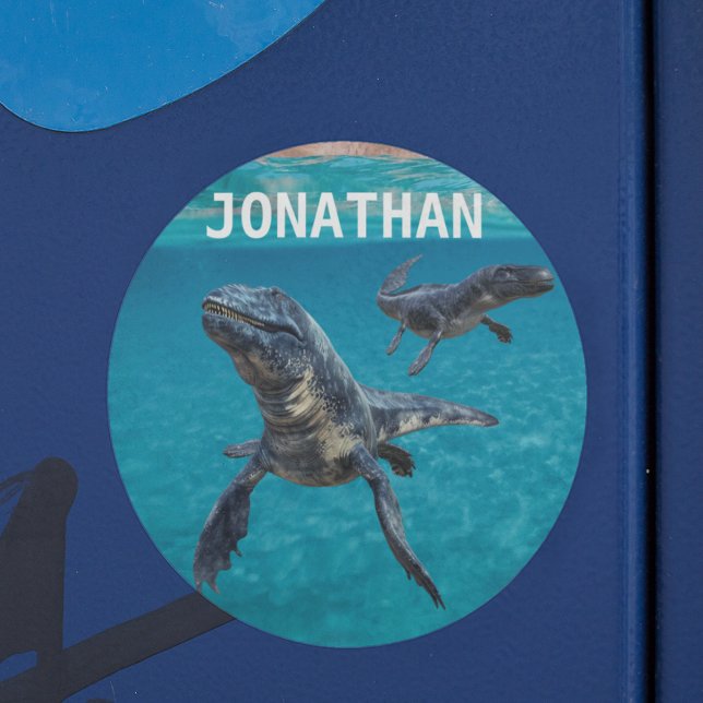 Mosasaur Water Dinosaur Monogram name  Classic Round Sticker (Creator Uploaded)