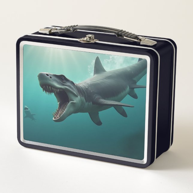 Mosasaurus chasing shark metal lunch box (Front)
