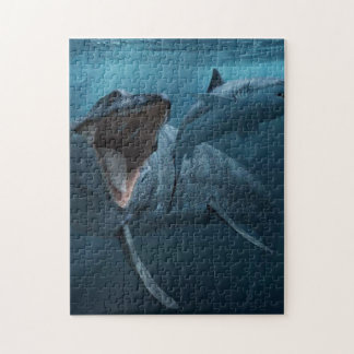 Mosasaurus chasing shark poster acrylic print jigsaw puzzle