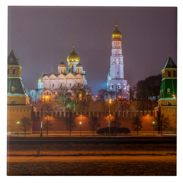 Moscow Kremlin cathedrals at night Tile (Front)