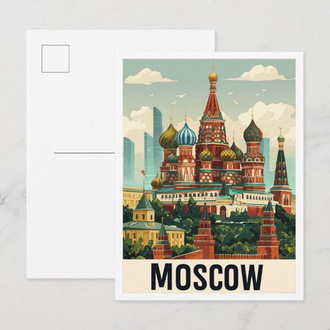 Moscow Russia Art Vintage Travel Illustration Postcard (Front/Back)