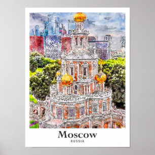 Moscow Russia Travel Watercolor Sketch Hand Drawn Poster