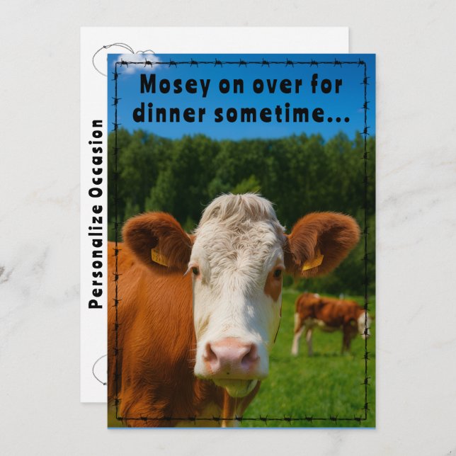 Mosey On Over Dinner Country Cow Ranch Farm Style  Invitation (Front/Back)