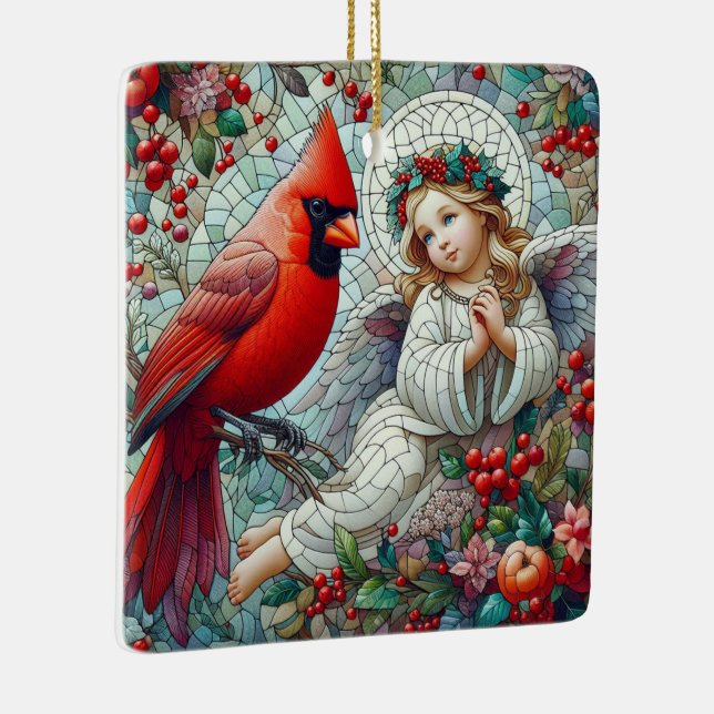 Mosiac Sytle Christmas Angel and Cardinal Ceramic Ornament (Right)