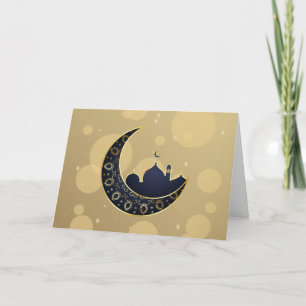 Mosque Crescent Moon Ramadan, blue, gold Holiday Card