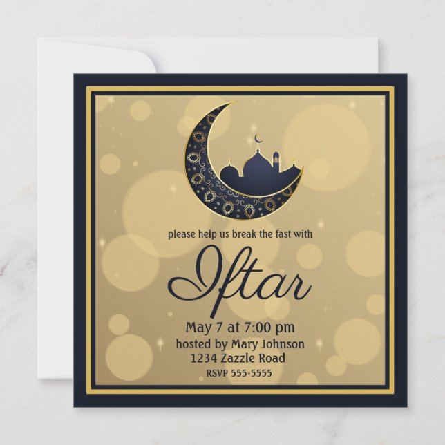 Mosque Crescent Moon Ramadan, blue, gold Invitation (Front)