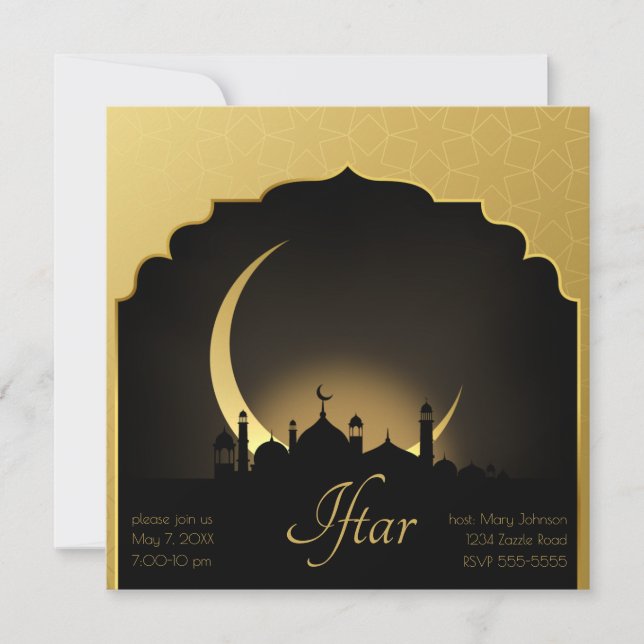Mosque Crescent Moon Ramadan, gold, black Invitation (Front)
