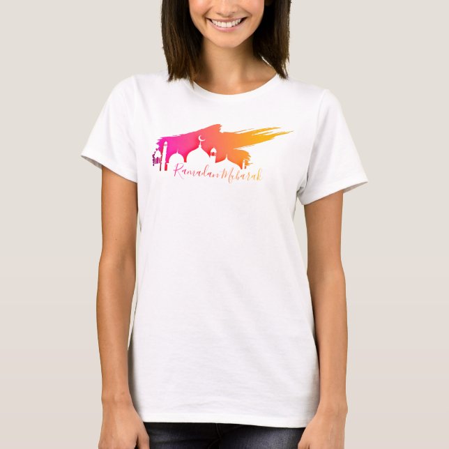 Mosque with Colourful Sky Ramadan Mubarak T-Shirt (Front)