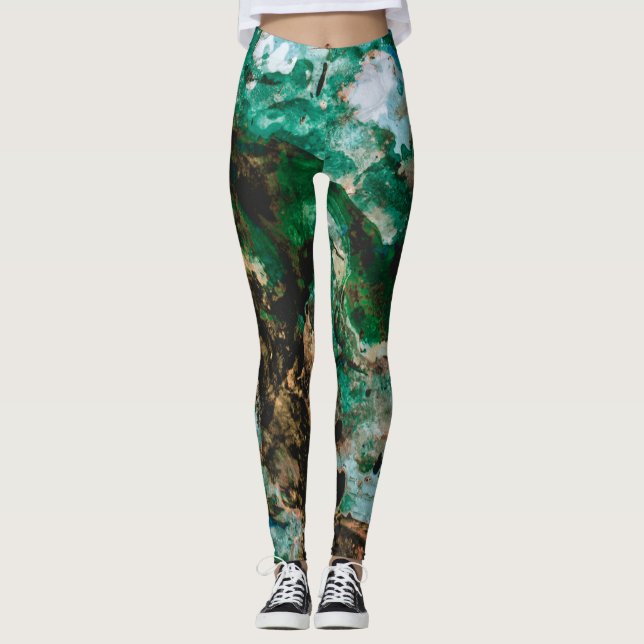 Moss Agate Green Crystal Geode Abstract Leggings (Front)