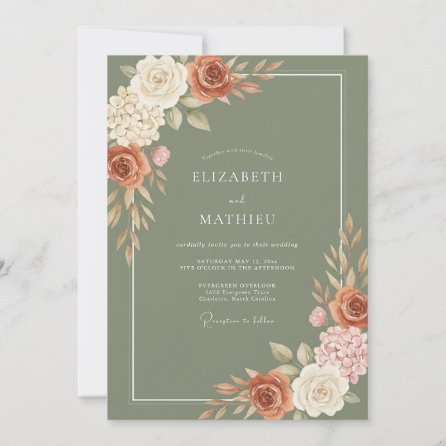 Moss Copper Rose Wedding Invitation (Front)