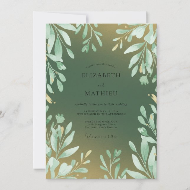 Moss Gold Leafy Wedding Invitation (Front)