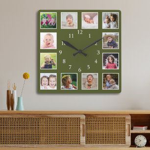 Moss Green 12 Photo Collage Personalised Square Wall Clock