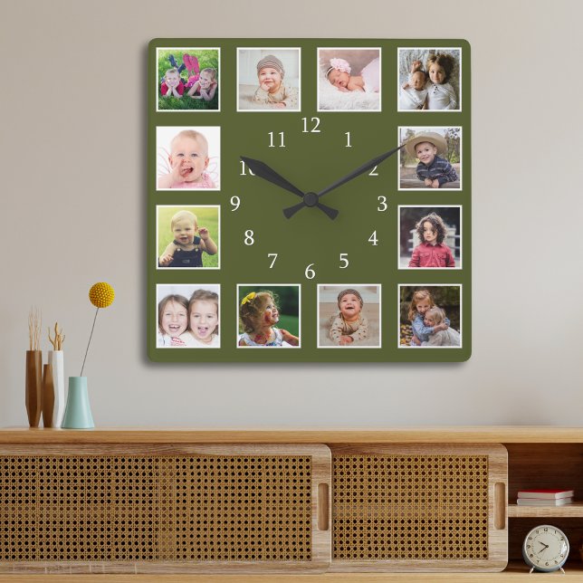 Moss Green 12 Photo Collage Personalised Square Wall Clock (Creator Uploaded)