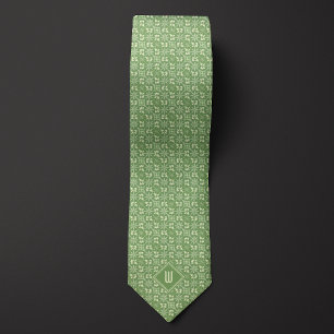 Moss Green and Cream Floral Monogram Tie