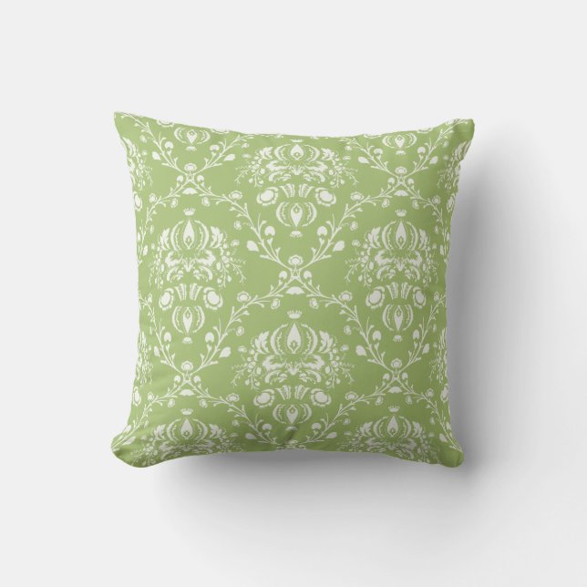 Moss Green and White Damask Cushion (Front)