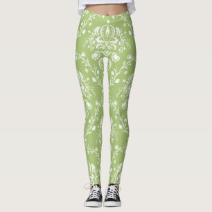 Moss Green and White Damask Leggings