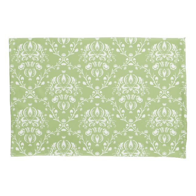 Moss Green and White Damask Pillowcase (Front-Left)