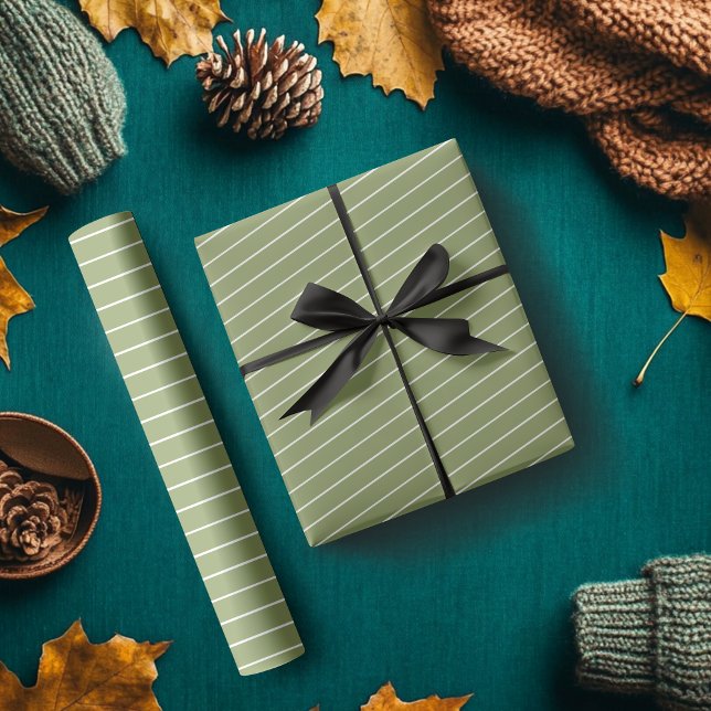 Moss Green and White Thin Horizontal Striped Wrapping Paper (Creator Uploaded)