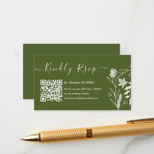 Moss Green Boho Typography QR Code RSVP Wedding Enclosure Card