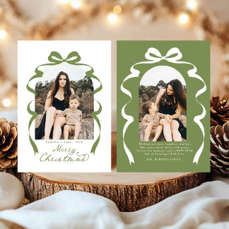 Moss Green Bow Photo Merry Christmas Arch Holiday Card