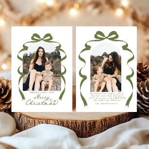 Moss Green Bow Photo Merry Christmas Arch Holiday Card